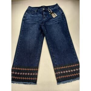 NWT Flamingals Jeans Womens Sz XL Blue Embroidered Mid-Rise Raw Wide Leg Jeans